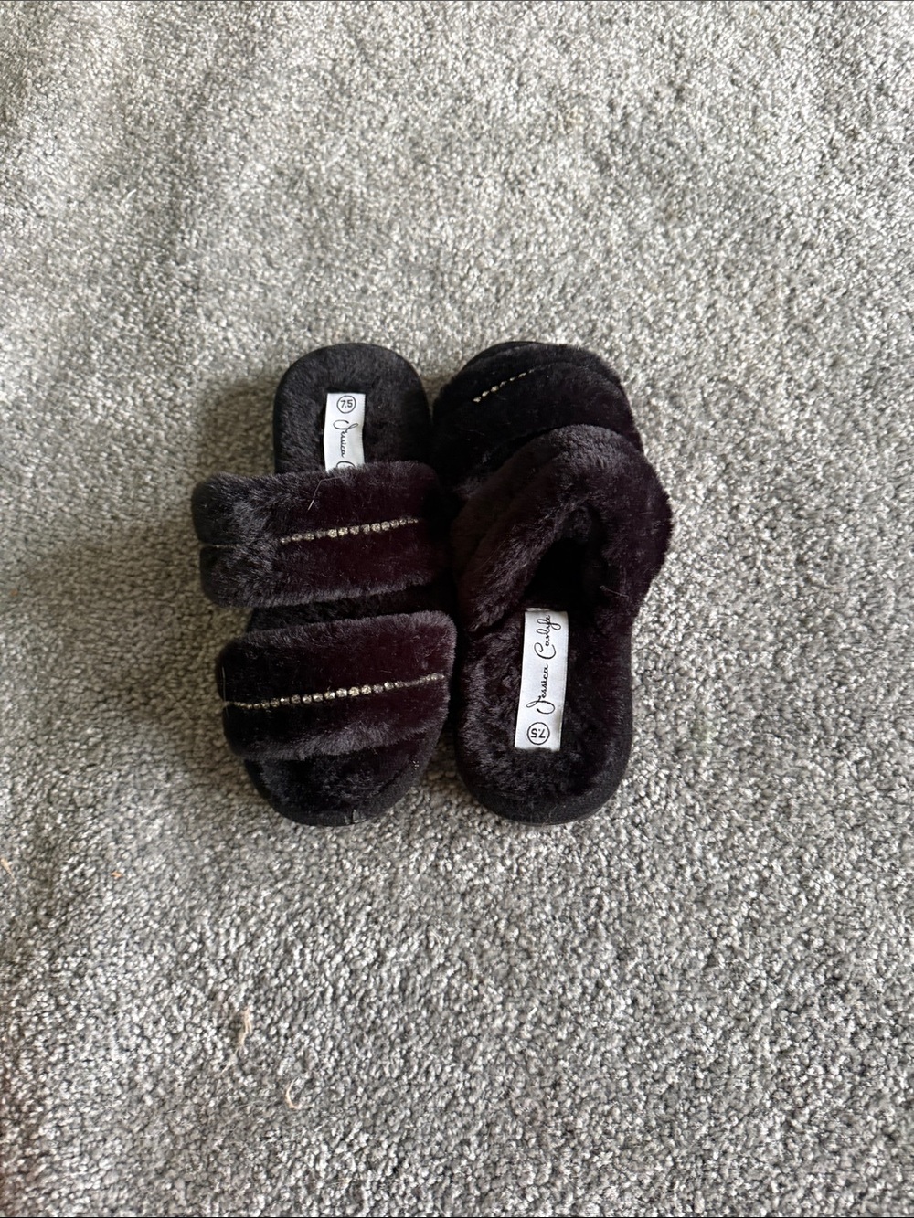 Jessica Carlyle  Plush Slide Slippers in Black with Rhinestone Trim